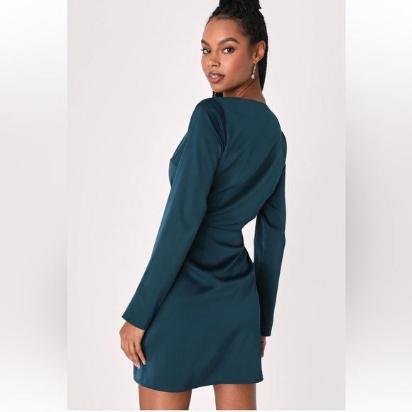Lulu’s inspired confidence dark teal satin long sleeve mini dress - Picture 2 of 9